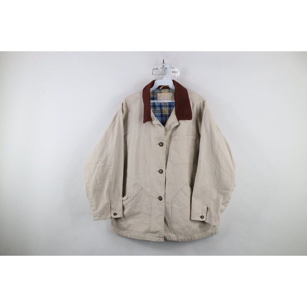 Vtg 90s Streetwear Womens XL Distressed Flannel Lined Chore Barn Jacket Beige - Picture 1 of 15